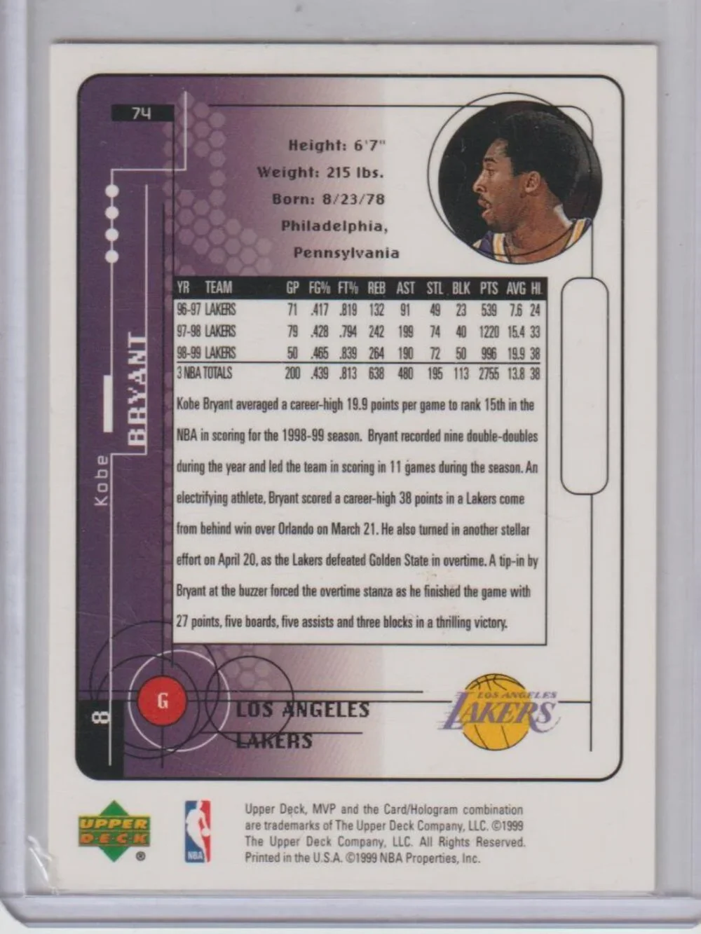 Kobe Bryant 1999/00 Upper Deck MVP Lakers HOF Lakers-HOF #74